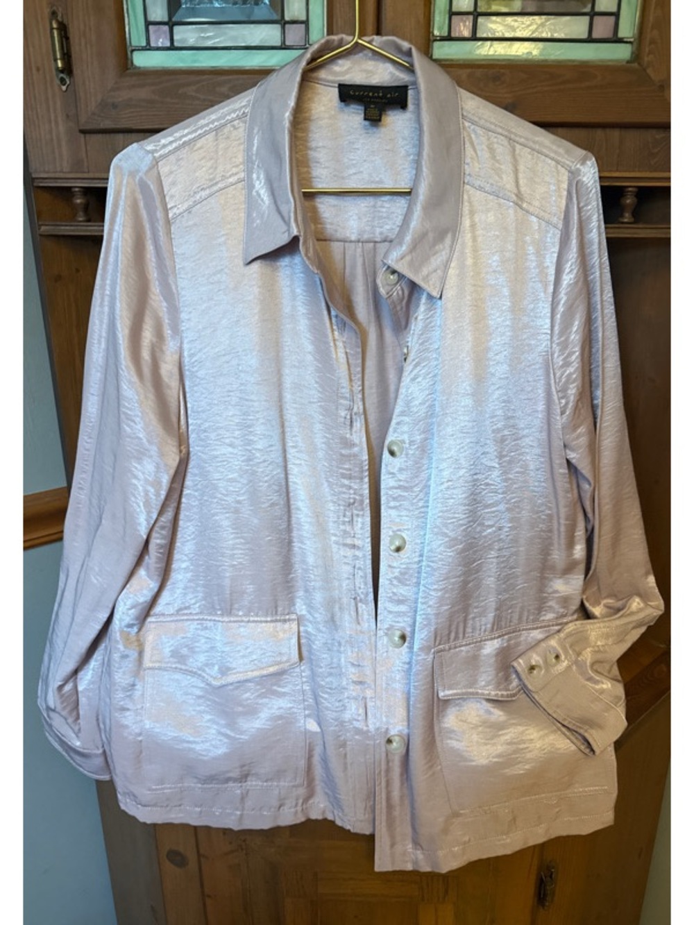 Anthropologie current air  Shimmery Pale Pink Satin Button-Front Jacket M